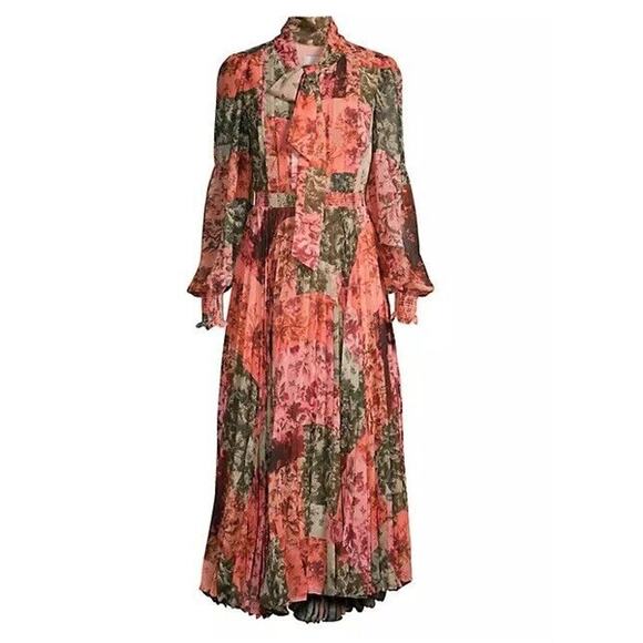 NEW Rachel Parcell Floral Chiffon Midi Dress Womens 10 Bow Neck Puff Long Sleeve - Picture 1 of 11